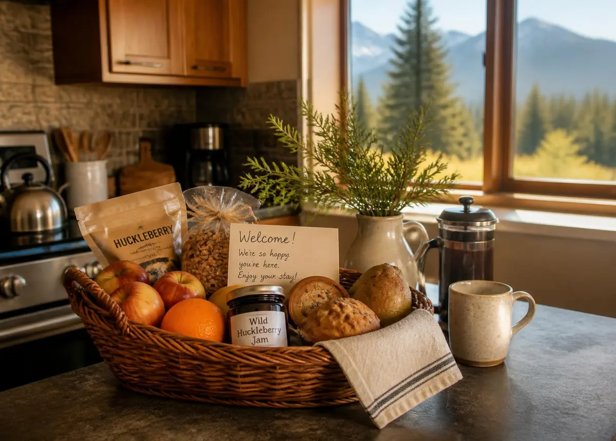 Snack basket and welcome note on a rental kitchen counter
